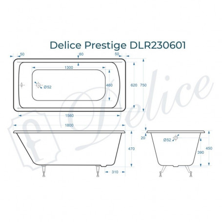 Ванна чугунная Delice Prestige  180х75 см, без покрытия, без ручек, цвет белый  DLR230601