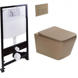 Инсталляция SantiLine SL-5007KH+SL-01/KH, безободковый унитаз и клавиша светло-коричневые матовые, сиденье микролифт