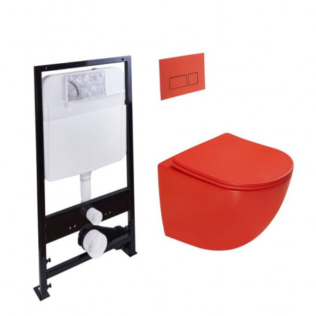 Инсталляция SantiLine SL-5005MR+SL-01/MR, безободковый унитаз и клавиша красные матовые, сиденье микролифт