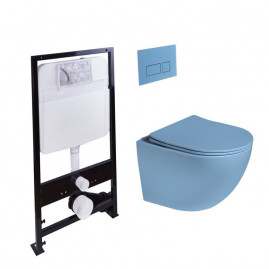 Инсталляция SantiLine SL-5105 + SL-01/BL, безободковый унитаз и клавиша голубые матовые, сиденье микролифт