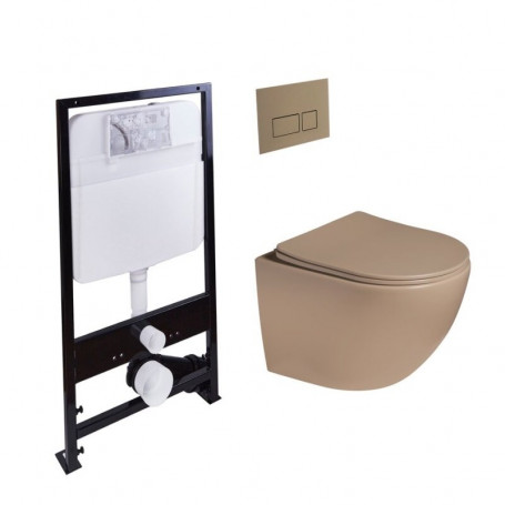 Инсталляция SantiLine SL-5102+ SL-01/KH, безободковый унитаз и клавиша светло-коричневые матовые, сиденье микролифт