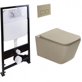 Инсталляция SantiLine SL-5007T-BG+SL-01/BG, безободковый унитаз и клавиша светло-бежевый матовые, смыв торнадо, сиденье микролифт