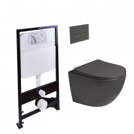 Инсталляция SantiLine SL-5005T-DG+SL-01/DG, безободковый унитаз и клавиша темно-серые матовые, смыв торнадо, сиденье микролифт