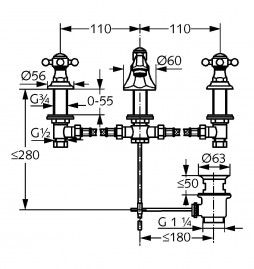 Смеситель Kludi Adlon 5104605G5 для раковины DN 15, на 3 отверстия, низкий излив, ручки хрусталь, цвет хром