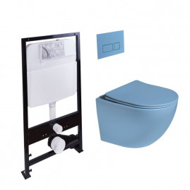 Инсталляция SantiLine SL-5005T-BL+SL-01/BL, безободковый унитаз и клавиша голубые матовые, смыв торнадо, сиденье микролифт