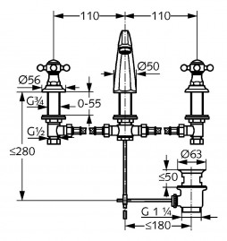 Смеситель Kludi Adlon 5104305G5 для раковины DN 15, на 3 отверстия, высокий излив, ручки хрусталь, цвет хром