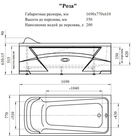 Гидромассажная ванна Радомир Роза 2-81-2-0-9-208Р, 169 x 77 см, рама-подставка разборная, фронтальный экран скандинавского вида, сифон, слив-перелив автомат, гидромассаж Терапия хром КУ 200, белая