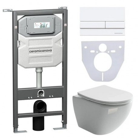 Сет 4 в 1: инсталляция Ceramicanova Envision с подвесным унитазом Metropol CN4002_1002W_1000 Rimless CN4002, сантехфарфор, шумоизоляция, кнопка смыва Flat белый