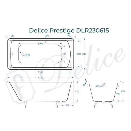 Ванна чугунная Delice Prestige 170х80 см, без ручек, без покрытия, цвет белый  DLR230615