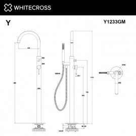 Смеситель Whitecross Y gunmetal Y1233GM для ванны и душа, напольный, с душевым гарнитуром, вороненая сталь, gunmetal