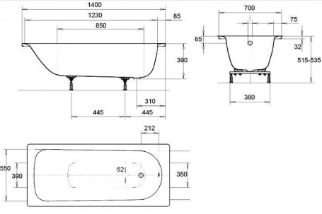 Стальная Ванна стальная Kaldewei Eurowa 140x70 см mod. 309-1 standard 119512030001 без покрытия, белая (1195.1203.0001)