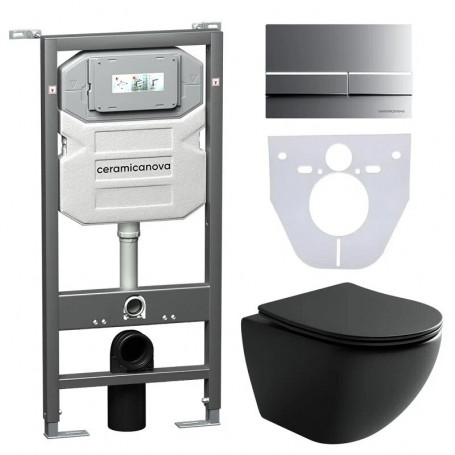 Сет 4 в 1: инсталляция Ceramicanova Envision с подвесным унитазом Metropol CN4002MB_1002M_1000 Rimless CN4002MB, сантехфарфор, шумоизоляция, кнопка смыва Flat хром матовый